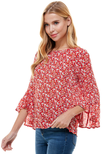 Pamela Red floral print Bell sleeve blouse. Back neck self tie.