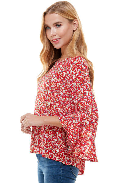 Pamela Red floral print Bell sleeve blouse. Back neck self tie.