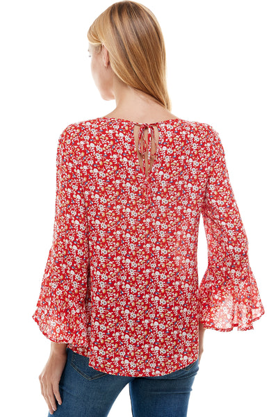 Pamela Red floral print Bell sleeve blouse. Back neck self tie.