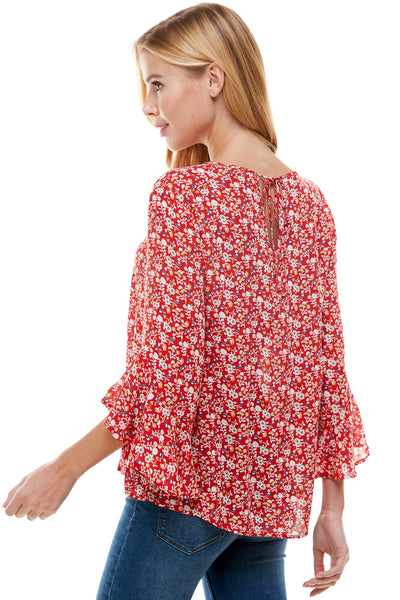 Pamela Red floral print Bell sleeve blouse. Back neck self tie.