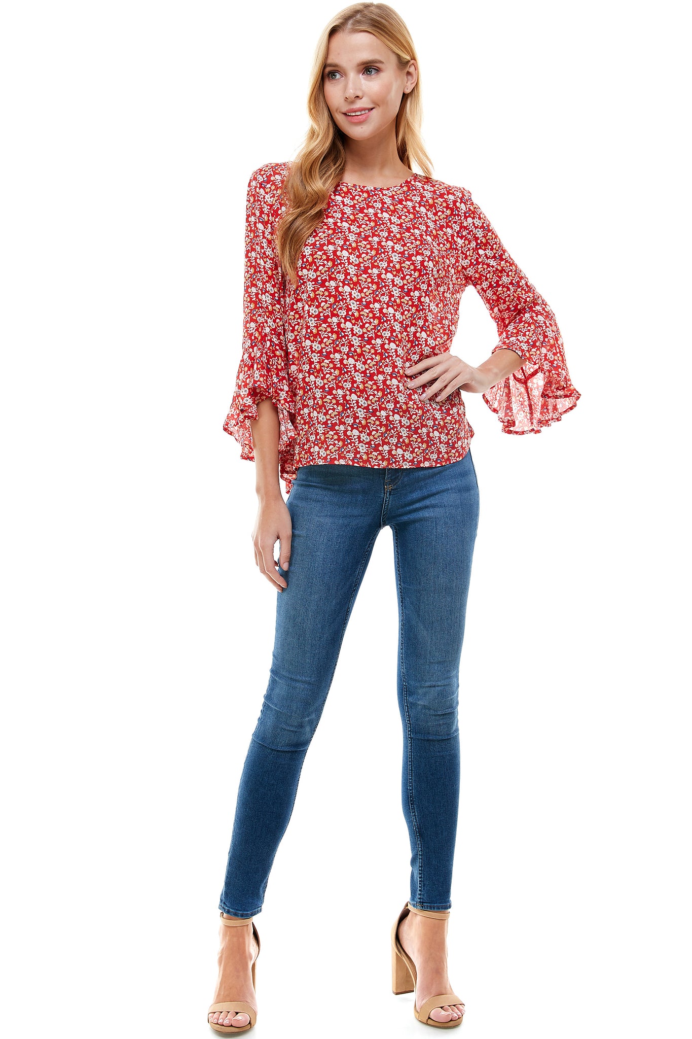 Pamela  Red floral print Bell sleeve blouse. Back neck self tie.