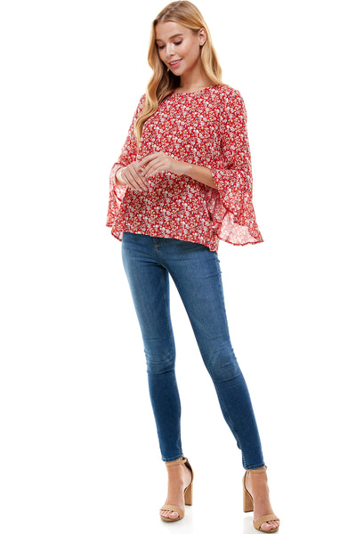 Pamela Red floral print Bell sleeve blouse. Back neck self tie.